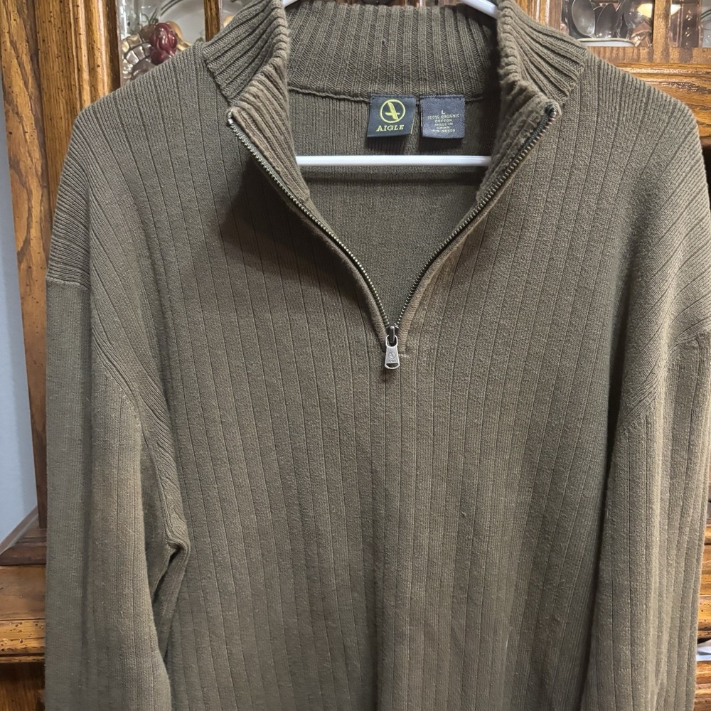 Aigle Men's Ribbed Knit  1/4 Zip Pullover Long Sleeve Sweater Large‎ Green Logo